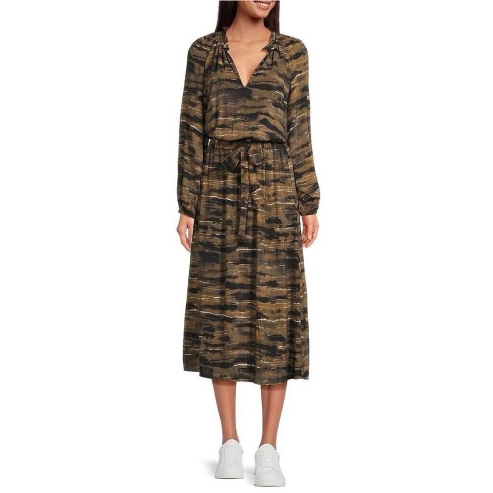 Brand New Cloth & Stone Ruffled V-Neck Animal Print Belted Midi Dress